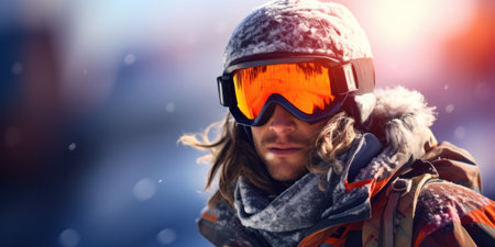 Close-up of a skier with snow-covered gear.の素材