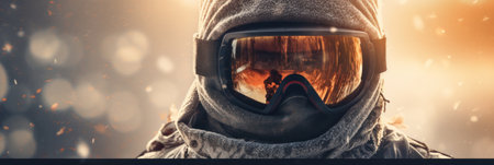 Close-up of a skier ready for winter sport recreation.の素材