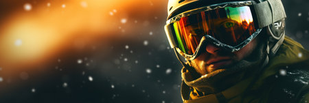 Close-up of skier with goggles in snowy weather.の素材