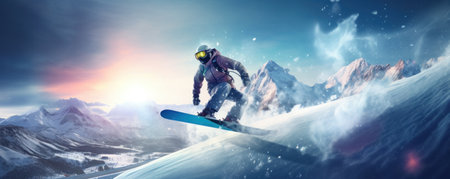 Snowboarder descending a snowy mountain at sunset.の素材