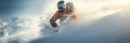 Skier carving through fresh powder snow.の素材