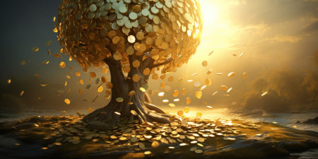 Illustration of a golden money tree in a scenic sunset landscape.の素材