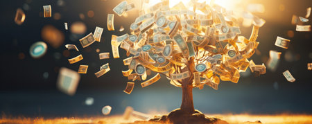 A vibrant money tree with bills for leaves basking in the golden light.の素材