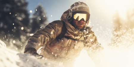 Skier in action amidst a spray of snow and sunlight.の素材