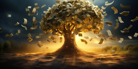 A surreal money tree with dollar notes for leaves.の素材