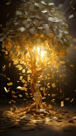 Surreal art of a golden money tree glowing in darkness.の素材