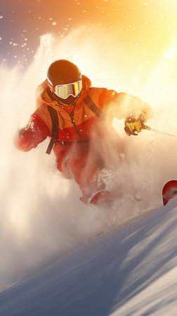 Skier in orange carving through powder at sunset.の素材