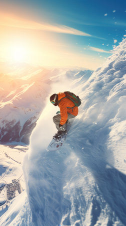 Adventurous snowboarder rides fresh snow on a sunny day.の素材