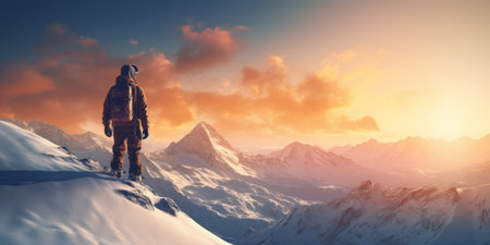 Snowboarder stands atop snowy peak at sunset, ready to ride.の素材