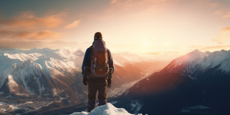 Skier stands atop a snowy peak at dawn, ready to descend.の素材