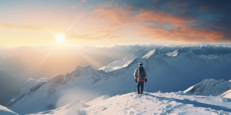Skier gazes at sunrise atop snowy mountain peaksの素材