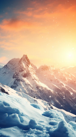 Snowboarder descends beautiful mountain during sunset.の素材