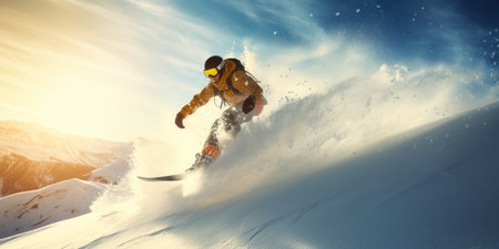 Skier in action against mountain backdrop in winter.の素材