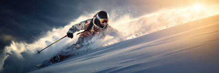 Skier in mid-action carving turns on a snowy mountain.の素材