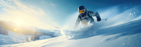 A skier carves through powder snow at sunset.の素材