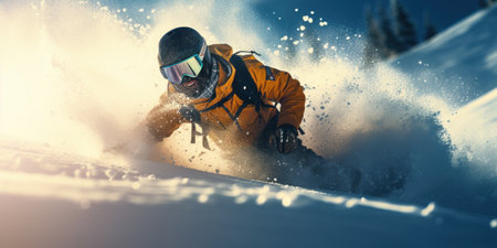 Skier carving turns on a snowy slope in bright gear.の素材
