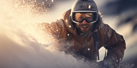 Intense ski moment captured with snow spray.の素材