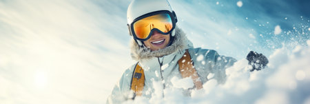 Smiling skier with goggles enjoys snowの素材