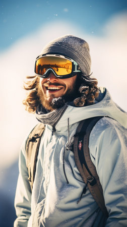 Close-up of joyful snowboarder with goggles and beard.の素材