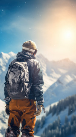 Skier standing, ready at snowy mountain peak at sunset.の素材