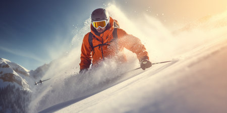 Skier carving turns in fresh snow with sunset backdrop.の素材