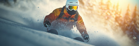 Skier in bright gear carving through deep snow.の素材