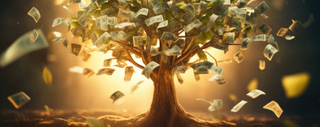 Vibrant money tree with dollars growing and flying away.の素材