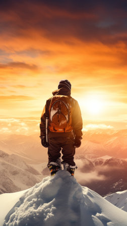 Skier atop snowy peak at sunset with mountain view.の素材