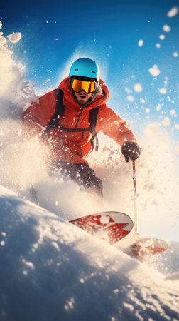 Skier in bright gear carving on mountain slope.の素材