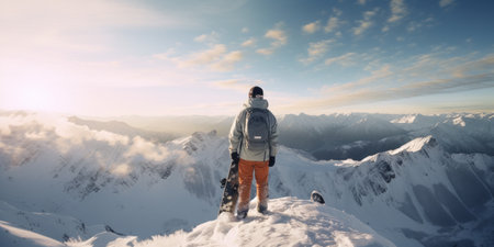 A snowboarder gazes at snowy peaks before a ride.の素材