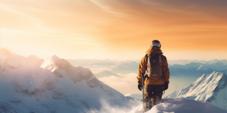 A skier standing on a snowy peak at sunset.の素材