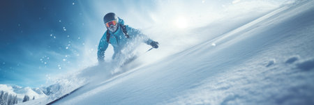 Skier carves through fresh powder, mountain backdrop.の素材