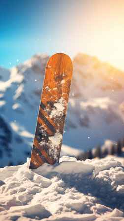 A snowboard stands in snow against mountain backdrop.の素材