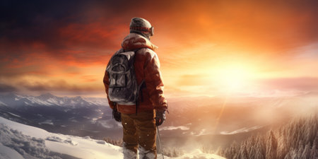 Ski enthusiast gazing at a stunning sunset atop snowy peaks.の素材