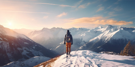 A skier stands facing majestic snow-covered peaks.の素材