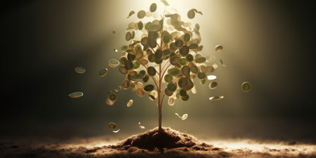Money tree with coins as leaves under glowing light.の素材
