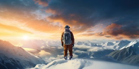 A skier stands poised atop a mountain observing a breathtaking sunrise.の素材