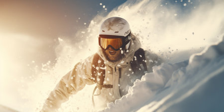 Dynamic ski moment captured with skier carving through snow.の素材