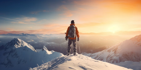 A snowboarder stands admiring a vibrant sunrise over snow-capped mountains.の素材