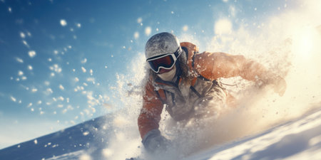 Skier in action carving a turn in fresh powderの素材