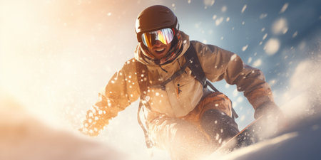 Skier in dynamic downhill run with snow spray.の素材