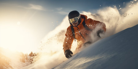 Dynamic ski scene with skier carving on snowy slope.の素材