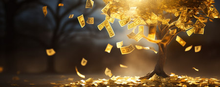 A conceptual money tree with illuminated dollars as leaves.の素材