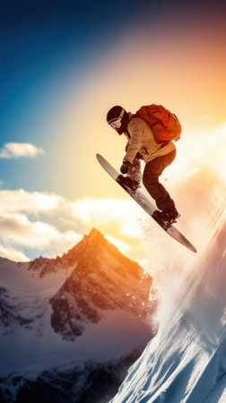 Snowboarder jumps with sunset backdrop on snowy peak.の素材