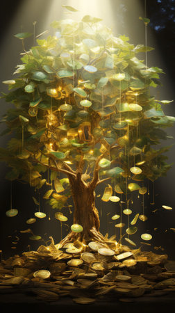Illustration of a radiant money tree with golden coins.の素材