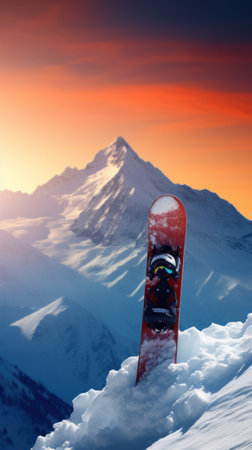 A snowboard stands in snow at mountain top during sunset.の素材