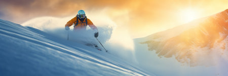 Skier in action at sunset with snowy mountain backdrop.の素材
