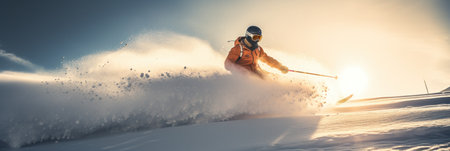 Skier carving through deep powder snow at sunset.の素材