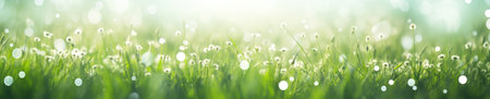 Lush field with tiny white flowers glimmering.の素材