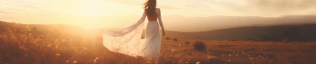 Bohemian woman in field at golden hour.の素材
